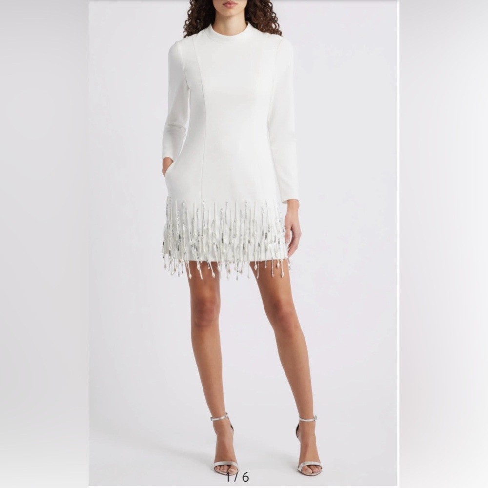 NEW Eliza J White Sequin Tassle Long Sleeve Cocktail Dress, Size 6